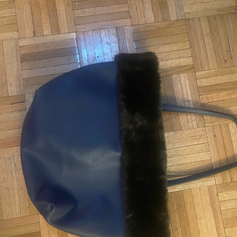 Navy Faux Leather Tote with Dark Brown Faux Fur Trim